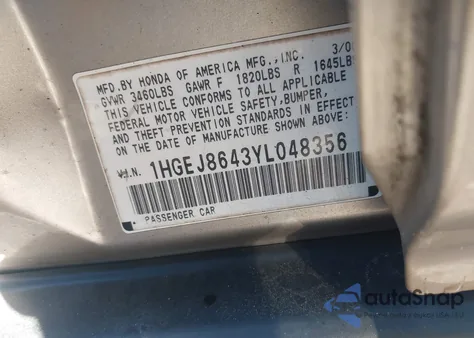 2000 Honda Civic Ex z USA, uszkodzony, nr VIN 1HGEJ8643YL048356